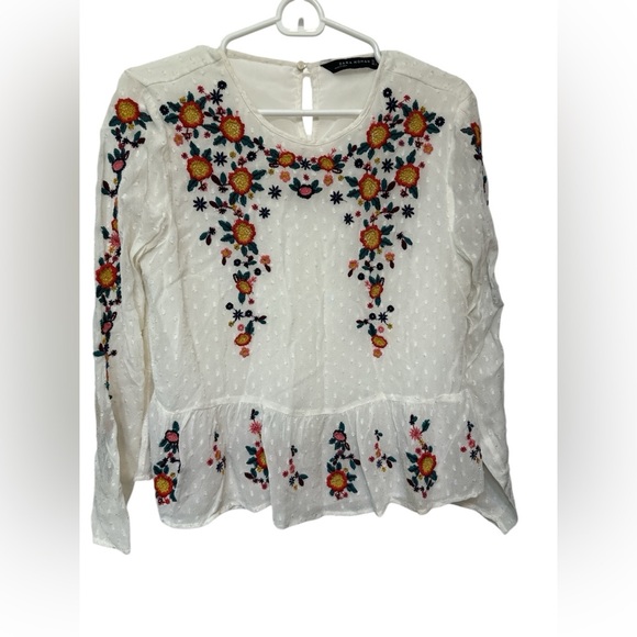ZARA WOMAN Boho Top Embroidered Floral Peplum White Lined - Picture 1 of 8